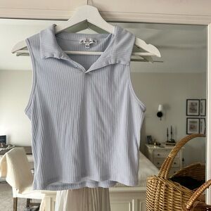 SOLD: Y2K Women's Light Blue Sleeveless Collared Top